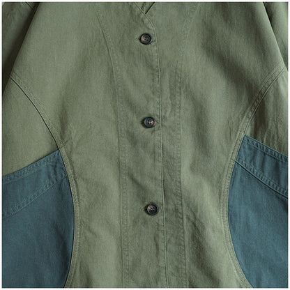 Japanese Color-Blocked V-Neck Jacket - Retro Cotton Pocket Coat (Unisex)