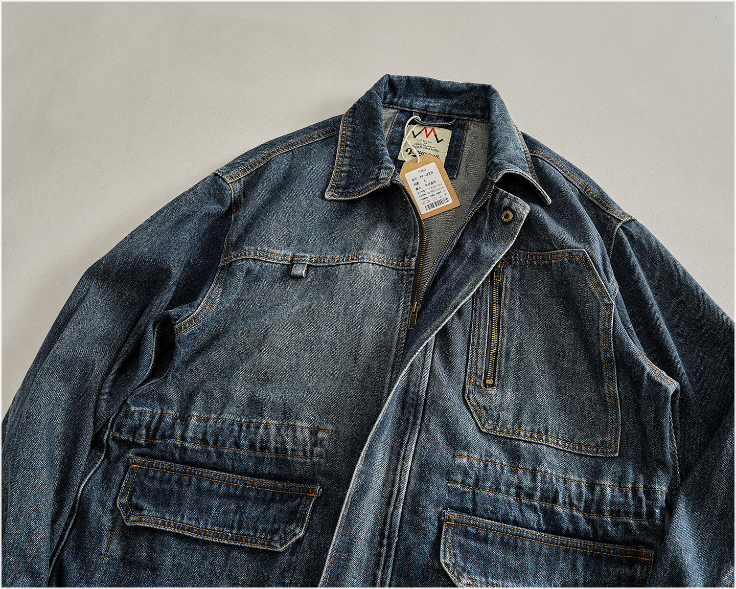 Heavyweight Washed Denim Jacket – Vintage Workwear Multi-Pocket Drawstring Coat