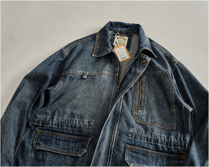Heavyweight Washed Denim Jacket – Vintage Workwear Multi-Pocket Drawstring Coat