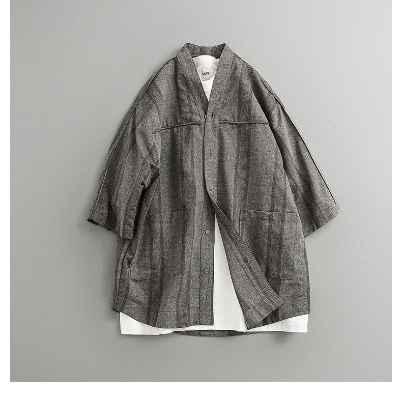 Japanese Retro Striped Shirt Jacket – Loose Fit Haori Style Outerwear for Men – Japanese vintage | yamalin clothes | Yamalinclothes