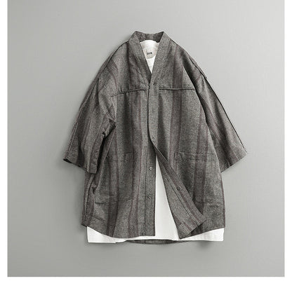 Japanese Retro Striped Shirt Jacket – Loose Fit Haori Style Outerwear for Men – Japanese vintage | yamalin clothes | Yamalinclothes