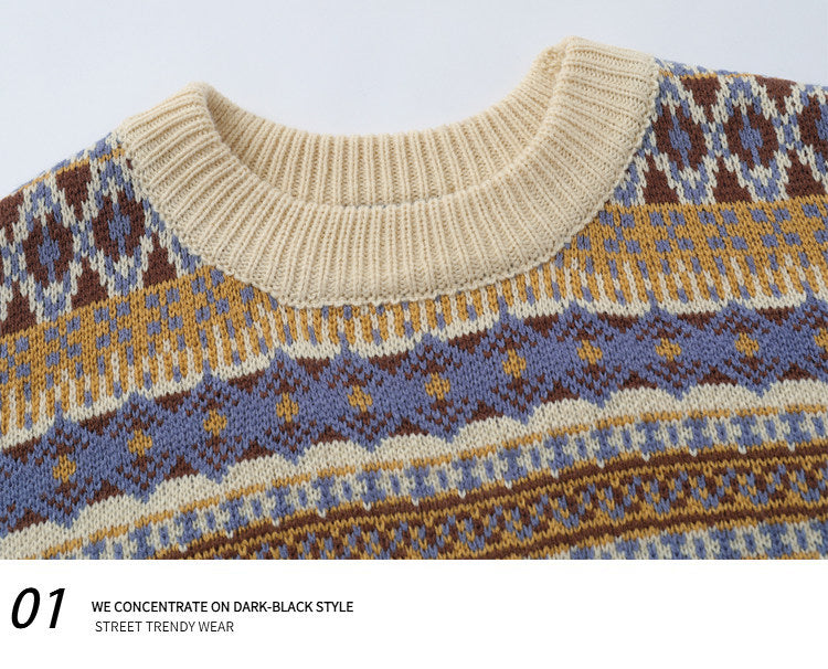 Fair Isle Vintage Knit Sweater – Oversized Unisex Brown Apricot
