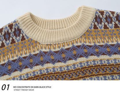 Fair Isle Vintage Knit Sweater – Oversized Unisex Brown Apricot