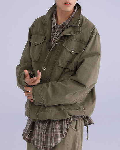 American Retro Stand Collar Cargo Jacket – Loose Unisex Autumn
