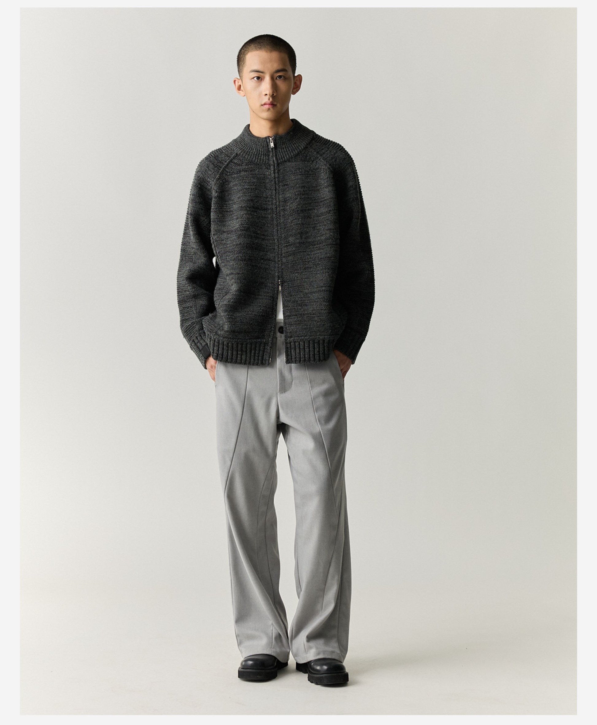 Merino Wool Blend Zip Cardigan – Heavyweight Panel Knit Coat – Japanese vintage | yamalin clothes | Yamalinclothes