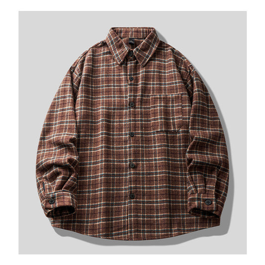 Brushed Plaid Long Sleeve Shirt Jacket – Vintage Loose Unisex Casual
