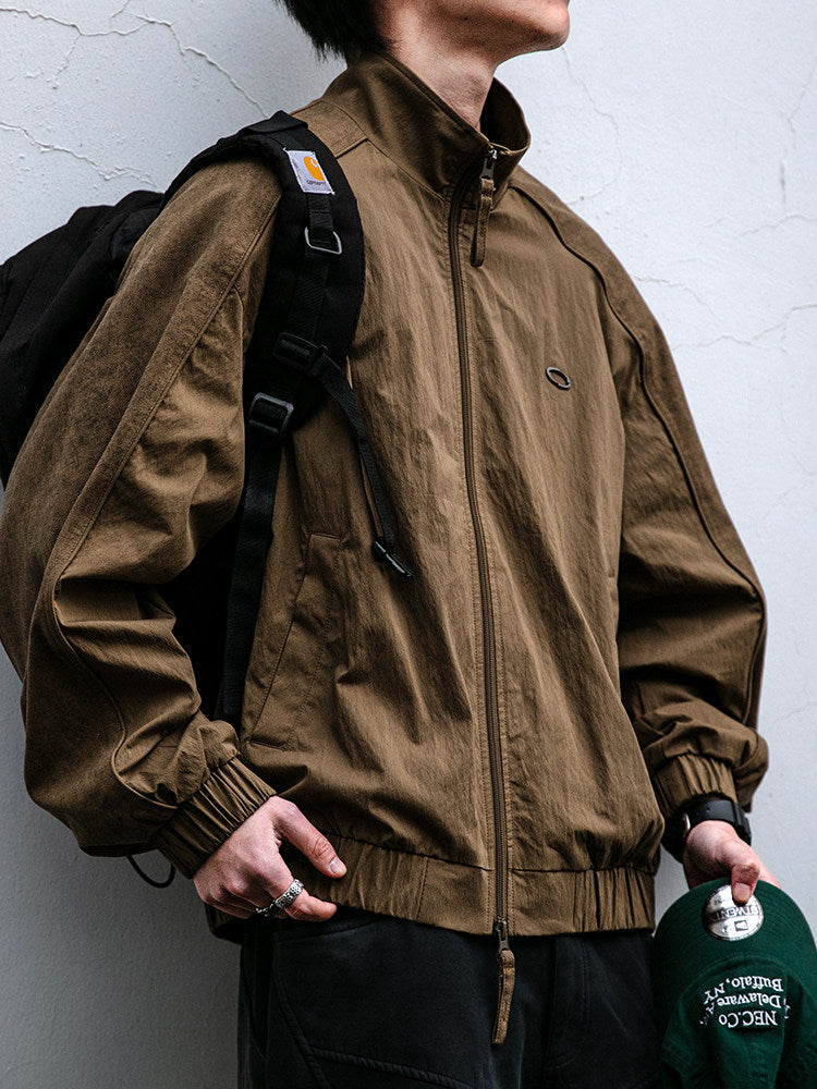 Spliced Textured Stand-Collar Jacket – American Retro Oversized Unisex
