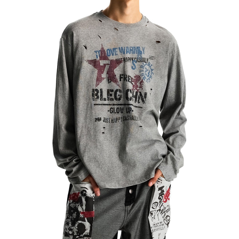 Vintage Distressed Ripped Long-Sleeve T-Shirt – Oversized Unisex Graphic Pullover Top