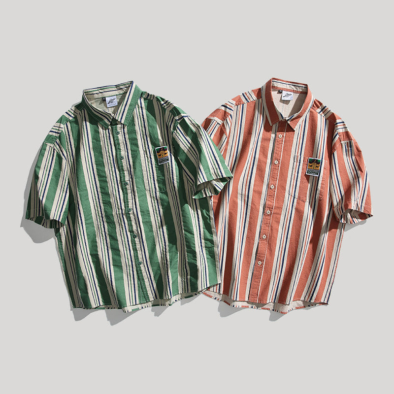 Contrast Vertical Stripe Short Sleeve Shirt – Niche Genderless Casual – Japanese vintage | yamalin clothes | Yamalinclothes