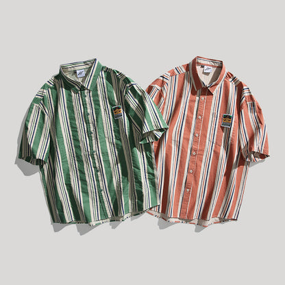Contrast Vertical Stripe Short Sleeve Shirt – Niche Genderless Casual – Japanese vintage | yamalin clothes | Yamalinclothes