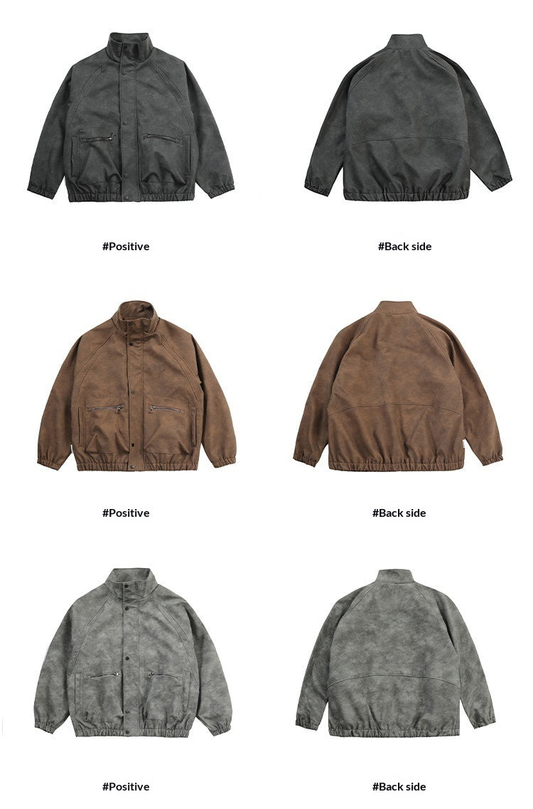 Letter Embroidery Stand-Collar Moto Jacket – American Retro Oversized Unisex