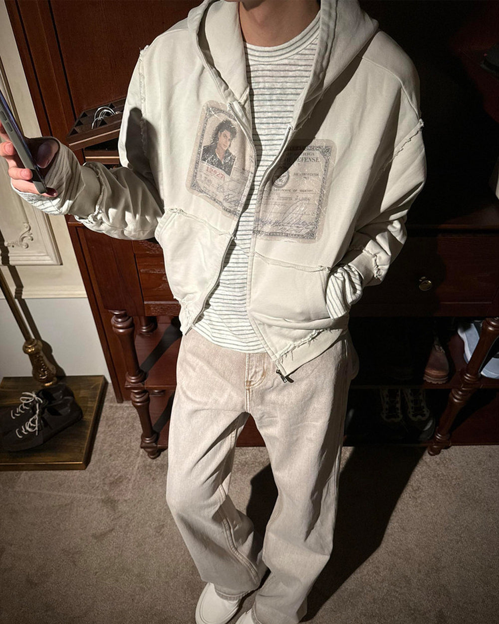 EssorNovus Michael Jackson passport print raw edge old zip hoodie sweatshirt