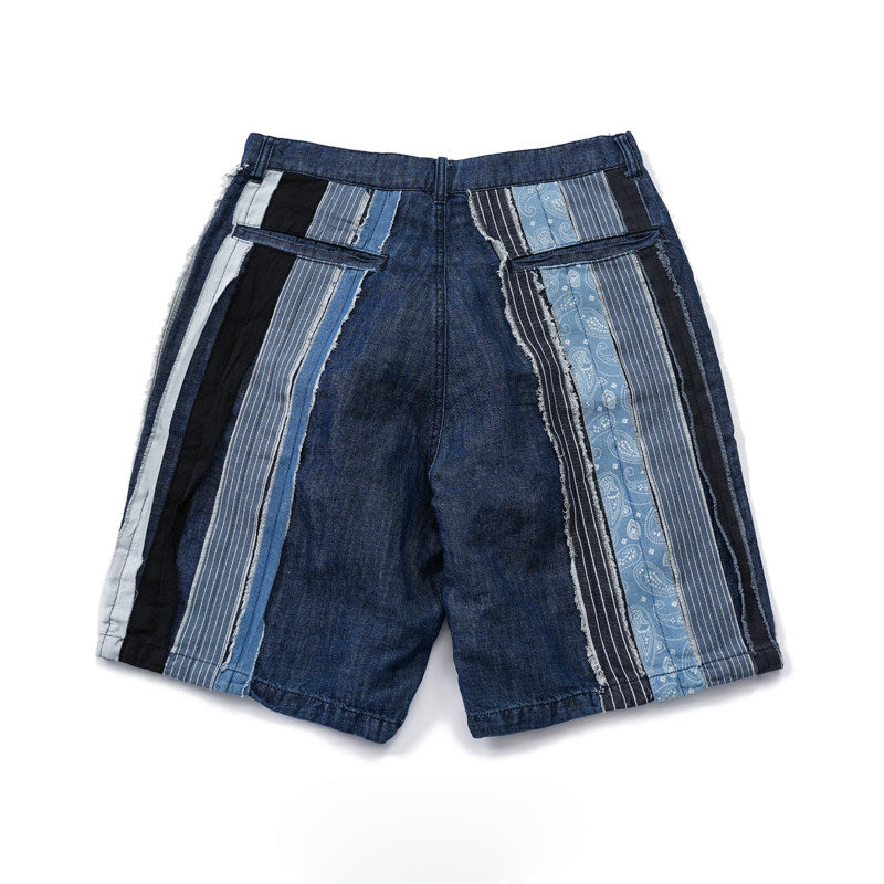 Japanese Vintage Patchwork Denim Shorts – Handmade Ethnic Strip Panel Summer Streetwear – Japanese vintage | yamalin clothes | Yamalinclothes