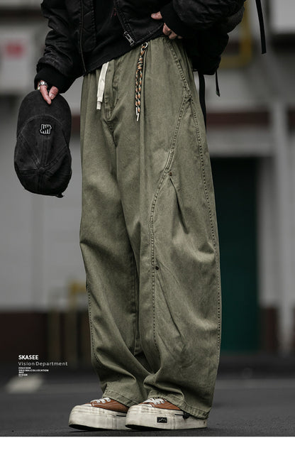 American Vintage Heavyweight Double Pleated Cargo Pants – Wide Leg Drawstring Workwear Trousers for Men | Japanese vintage | yamalin clothes | Yamalinclothes