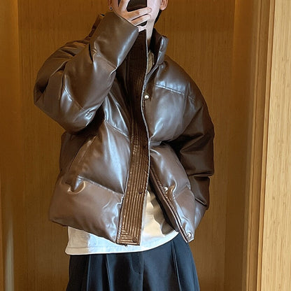 Faux Leather Down Jacket – Short Fit & Stand Collar | Yamalinclothes