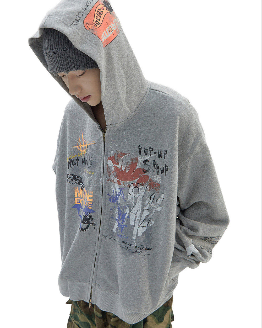 Vintage Distressed Letter Print Zip-Up Hoodie – Oversized Hip-Hop Sweatshirt