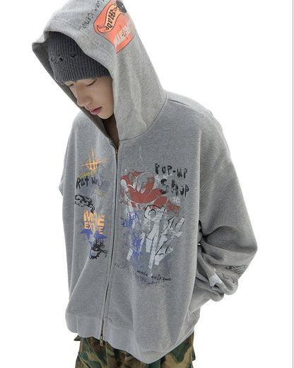 Vintage Distressed Letter Print Zip-Up Hoodie – Oversized Hip-Hop Sweatshirt