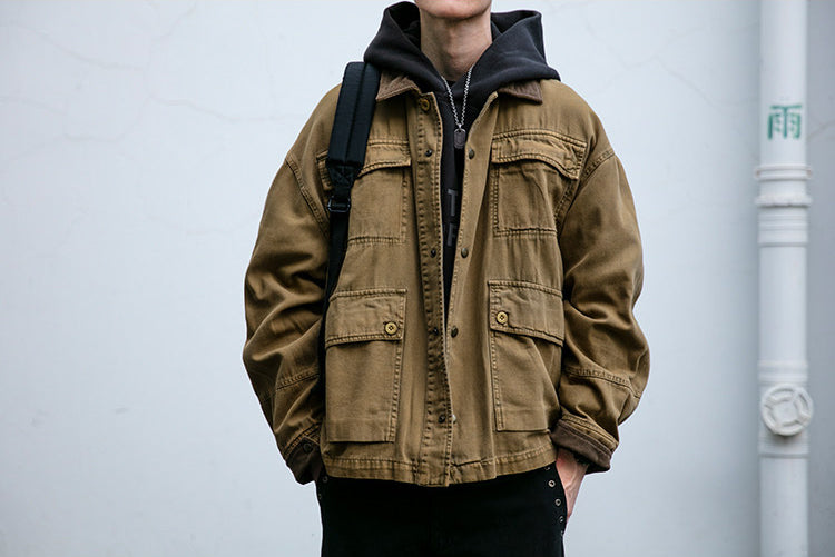 Cotton Cargo Jacket – Corduroy Collar & Four Pockets | Yamalin clothes | Vintage workwear outfit for men