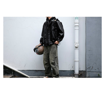 Lychee-Grain PU Leather Lapel Jacket – American Retro Oversized Unisex