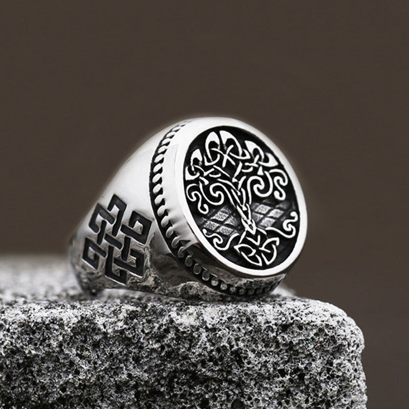 Tree of Life Titanium Steel Ring – Nordic Viking Engraved Men's Statement Ring