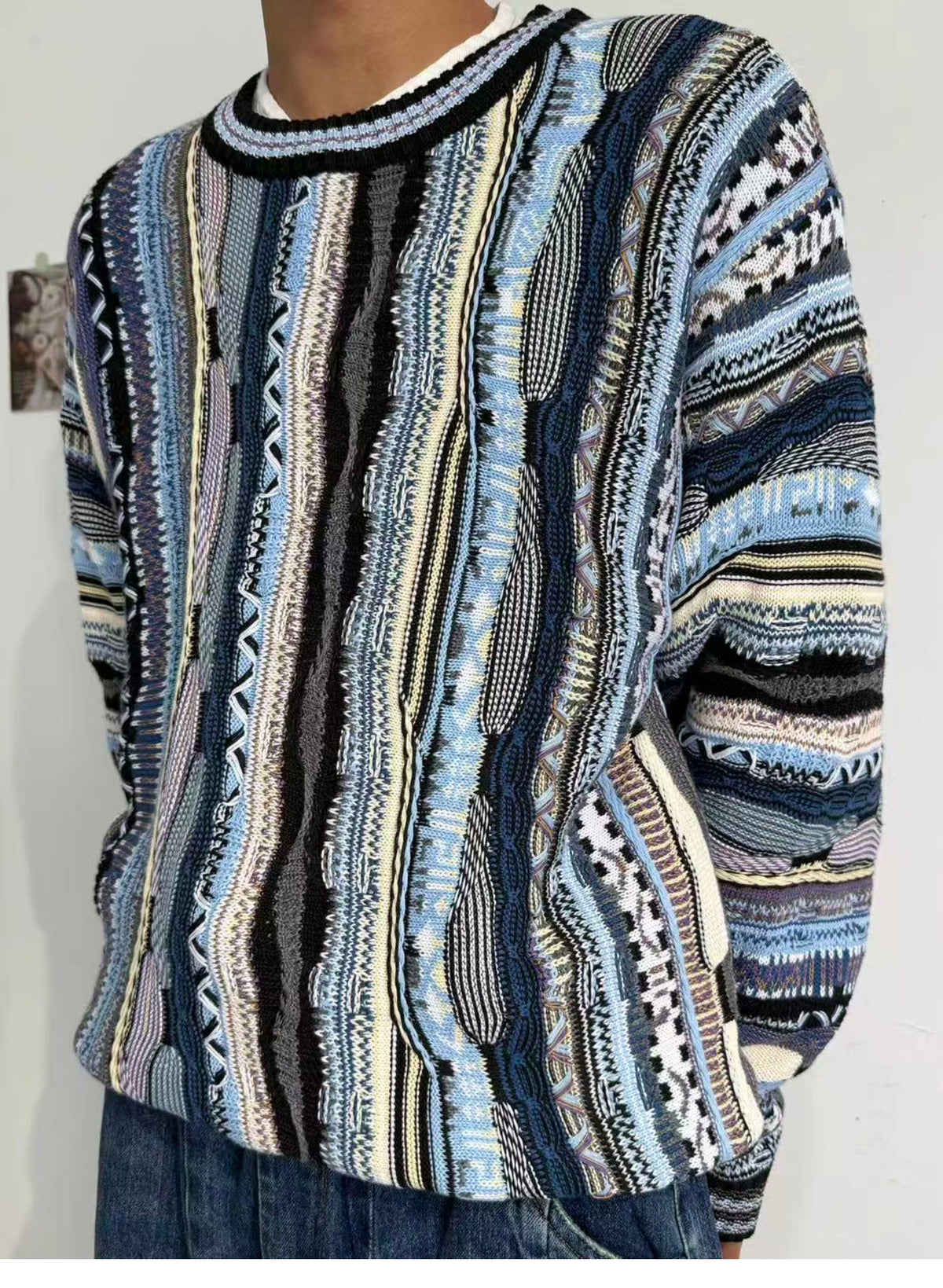 Vertical Stripe Patchwork Jacquard Crew Neck Sweater – Loose Unisex