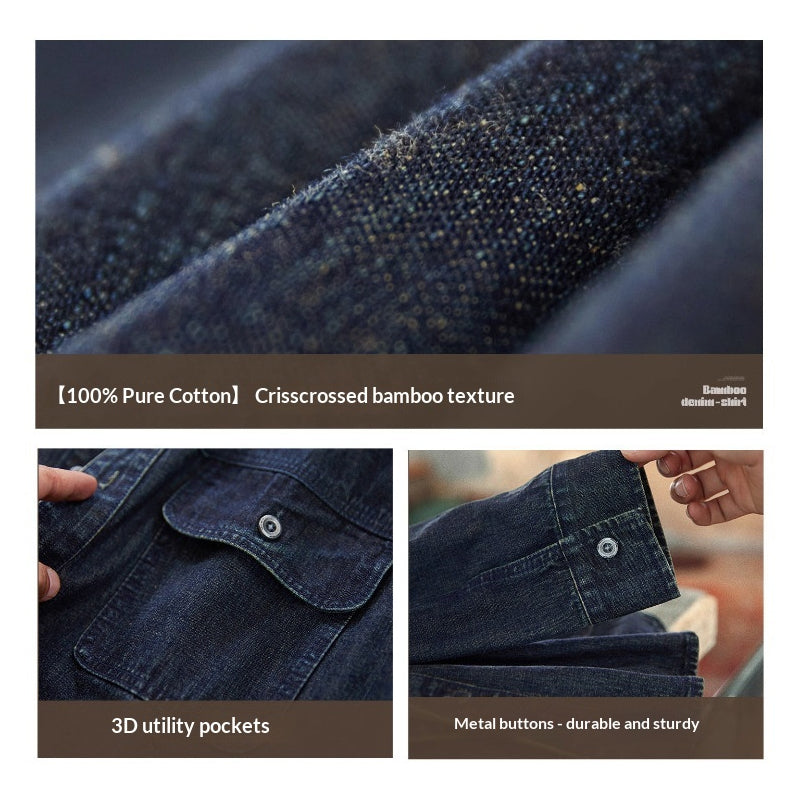 American Workwear Long Sleeve Denim Shirt Jacket - Loose Casual Vintage Denim Overshirt for Men