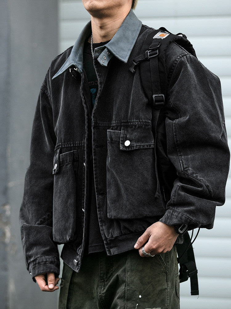 Washed Patchwork Lapel Cargo Jacket – American Retro Oversized Unisex