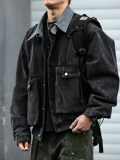 Washed Patchwork Lapel Cargo Jacket – American Retro Oversized Unisex