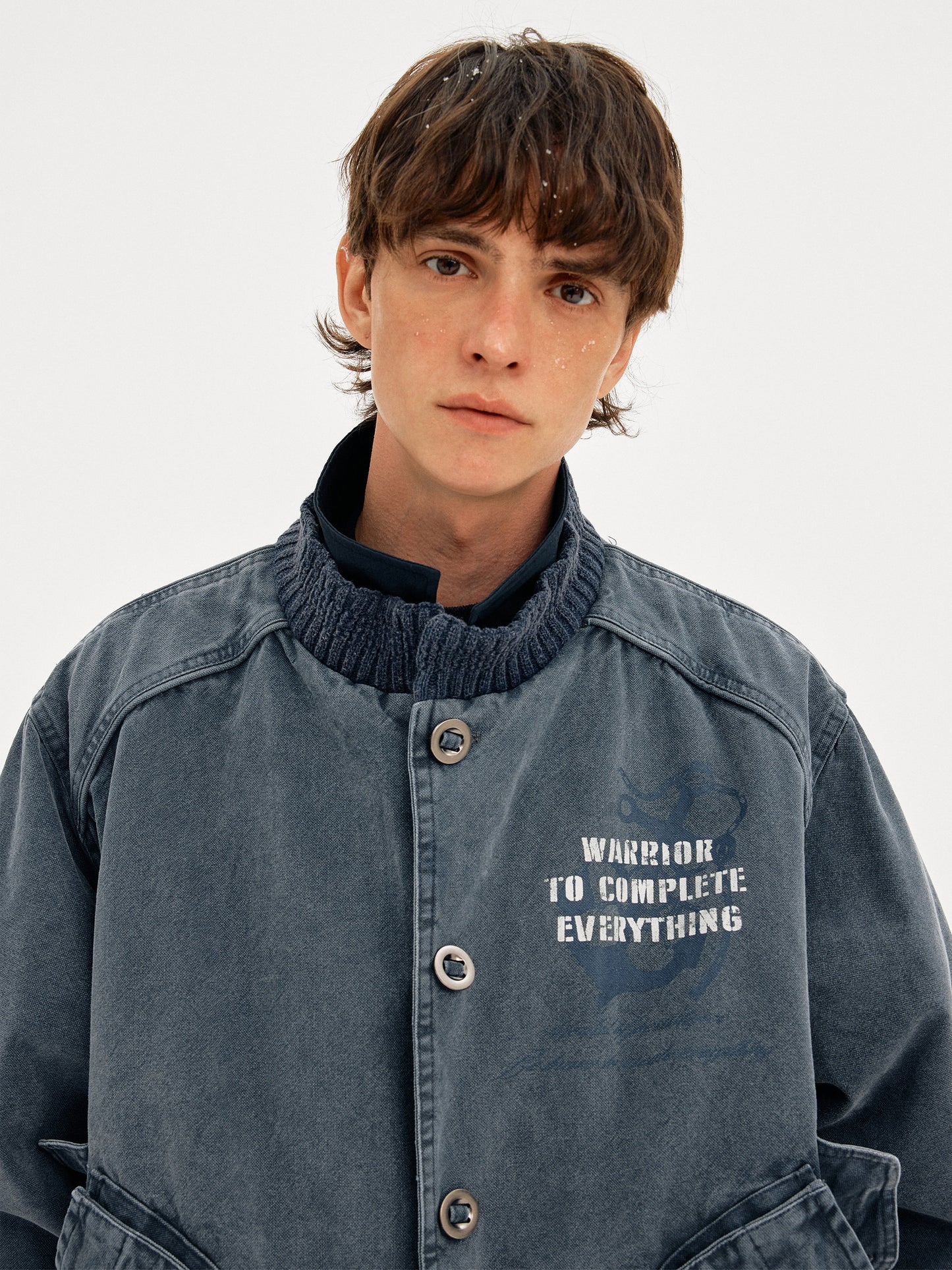 Heavyweight Washed Cotton Stand Collar Workwear Jacket – Oversized Unisex Short Coat