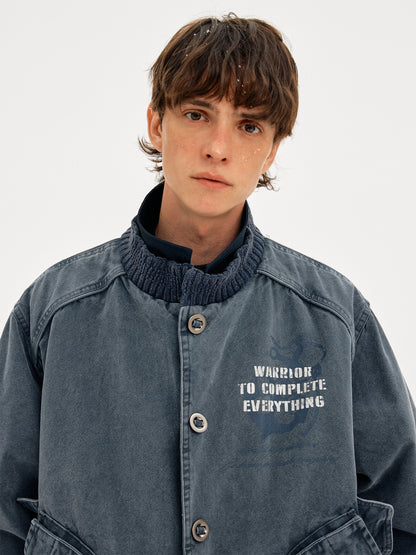 Heavyweight Washed Cotton Stand Collar Workwear Jacket – Oversized Unisex Short Coat
