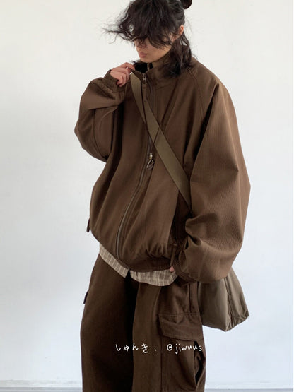 Vintage Stand Collar Cargo Jacket – Unisex Raglan Zip