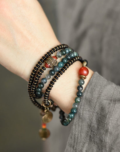 Agate & Brass Multi-Layer Beaded Bracelet – Retro Ethnic Unisex Jewelry