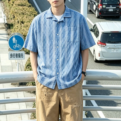 Diamond Texture Striped Short Sleeve Shirt - Loose Casual Versatile Summer Shirt for Men