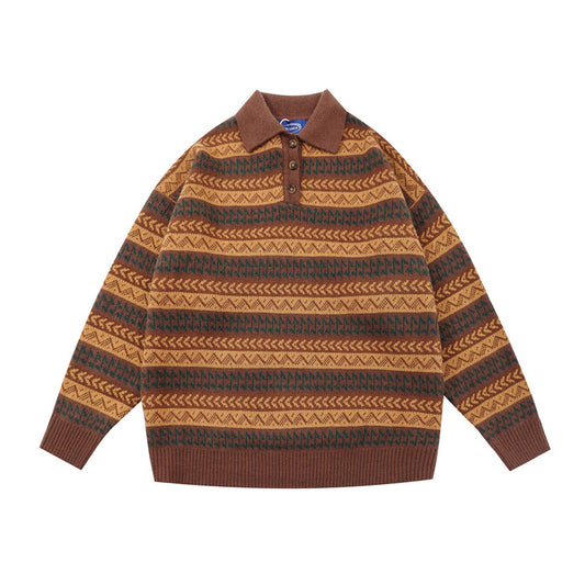 Japanese Ethnic Roll-Neck Knit Pullover – Oversized Vintage Yellow