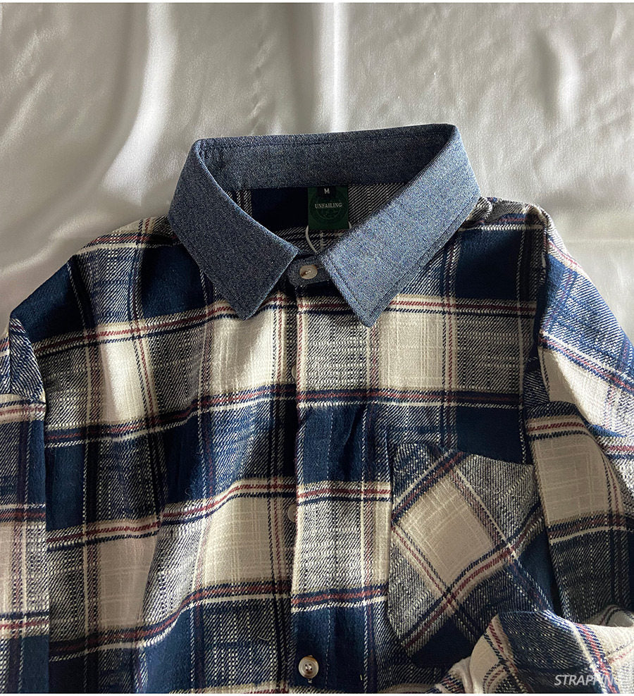 Japanese Vintage Spliced Collar Oversized Plaid Cotton Shirt – Unisex Long-Sleeve Check Shirt – Japanese vintage | yamalin clothes | Yamalinclothes