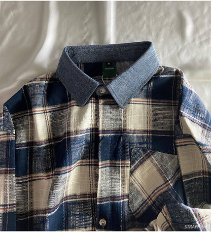 Japanese Vintage Spliced Collar Oversized Plaid Cotton Shirt – Unisex Long-Sleeve Check Shirt – Japanese vintage | yamalin clothes | Yamalinclothes