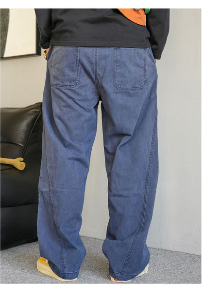 Blue Vintage Utility Pants, Heavy-Duty Washed Distressed Casual Loose Wide-Leg Men's Long Pants Made of Pure Cotton