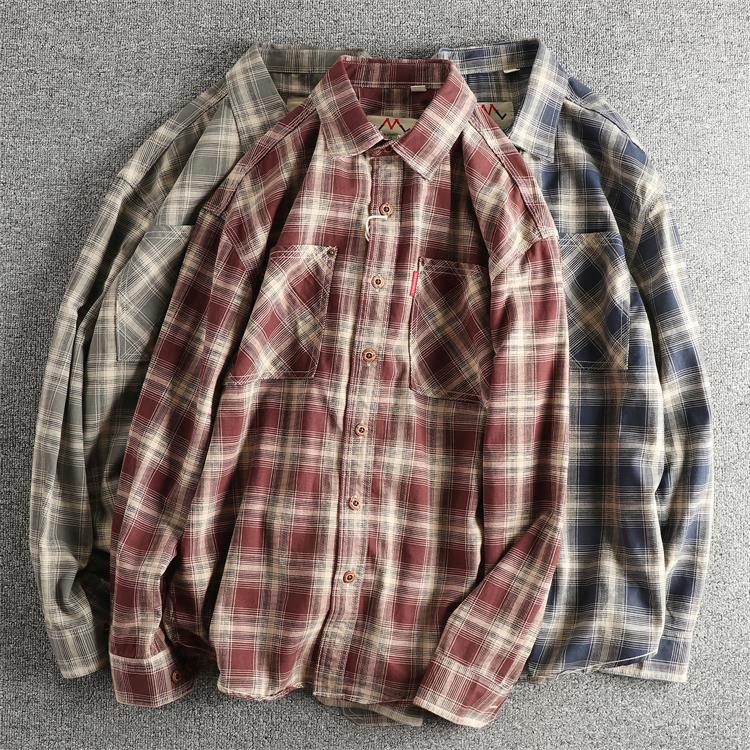 Japanese Plaid Workwear Shirt – Men's Washed Cotton Large Pocket Long-Sleeve