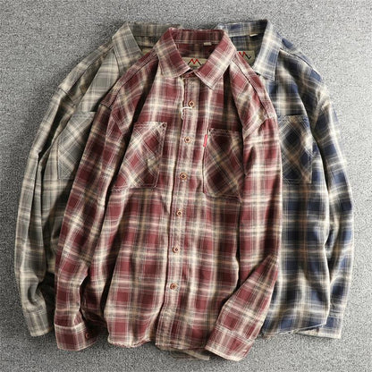 Japanese Plaid Workwear Shirt – Men's Washed Cotton Large Pocket Long-Sleeve
