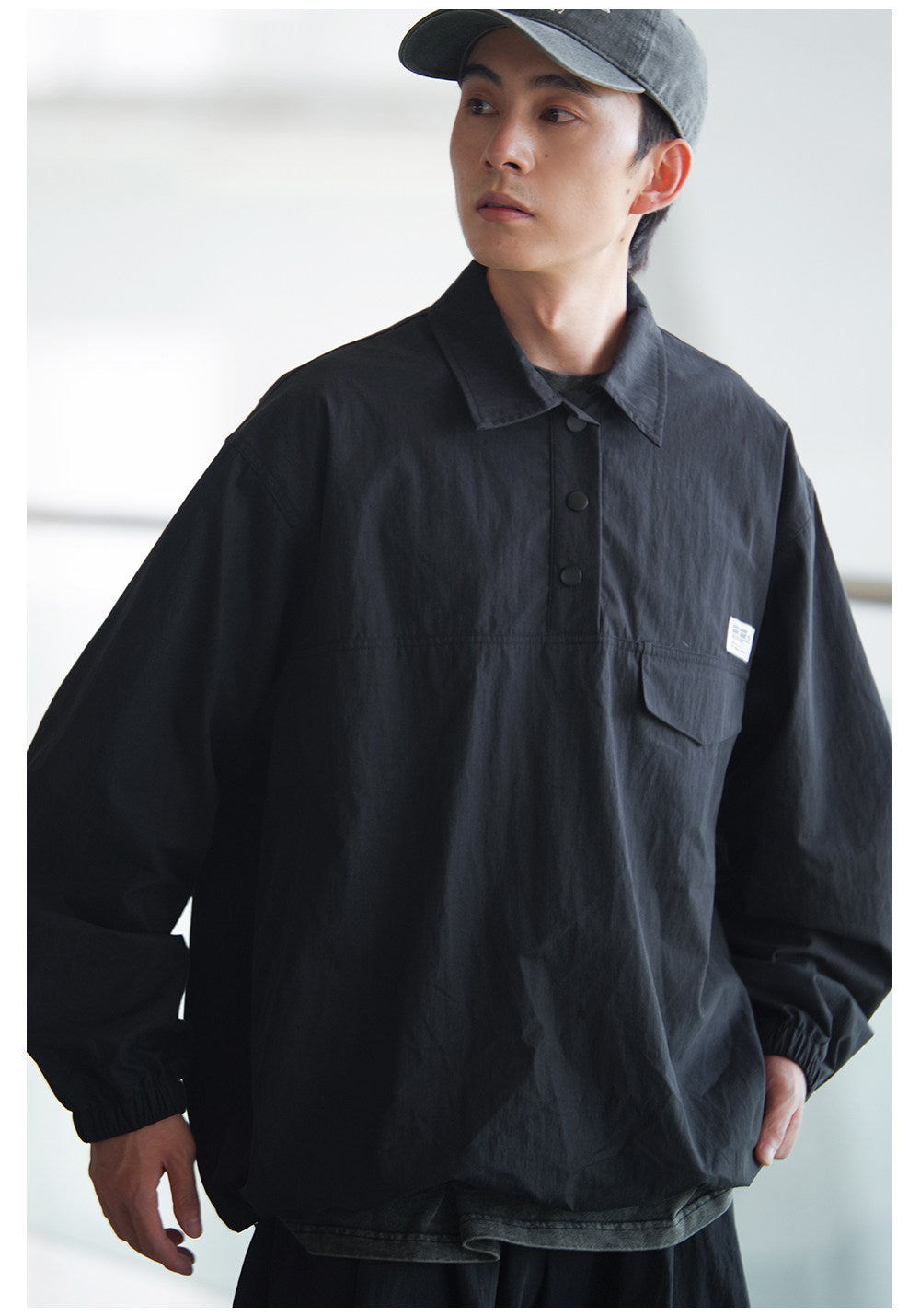 Japanese Retro Drop Shoulder Polo Long Sleeve Shirt – Loose Unisex Casual Top – Japanese vintage | yamalin clothes | Yamalinclothes