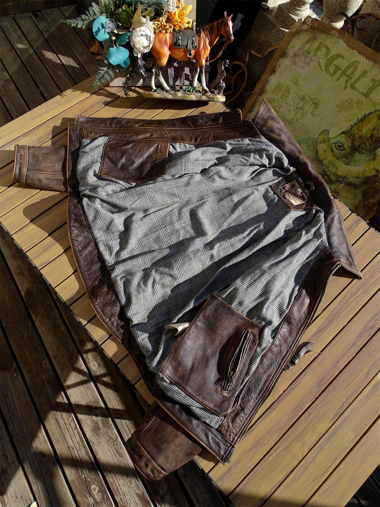 Stone-Washed Distressed Cowhide Leather Jacket – Men's American Retro Cargo Coat