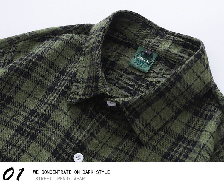 Vintage Sanded Green Plaid Long Sleeve Shirt – Loose Unisex Casual