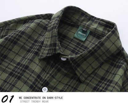Vintage Sanded Green Plaid Long Sleeve Shirt – Loose Unisex Casual