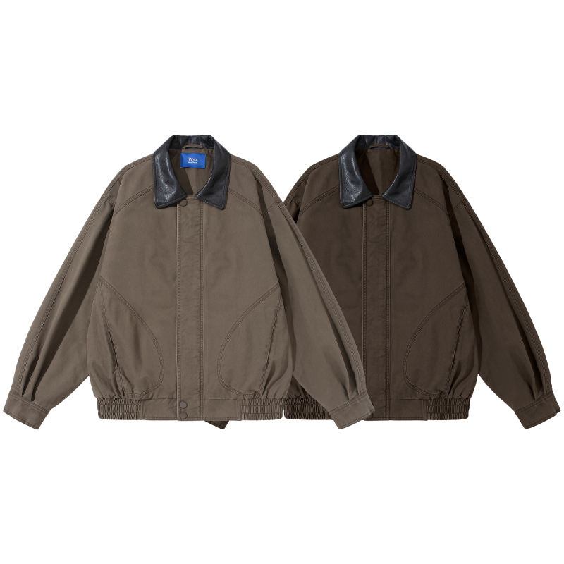 Leather Collar Patchwork Lapel Jacket – Vintage Cargo Cropped Unisex