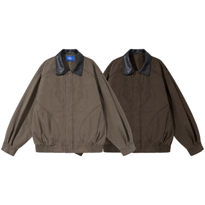 Leather Collar Patchwork Lapel Jacket – Vintage Cargo Cropped Unisex