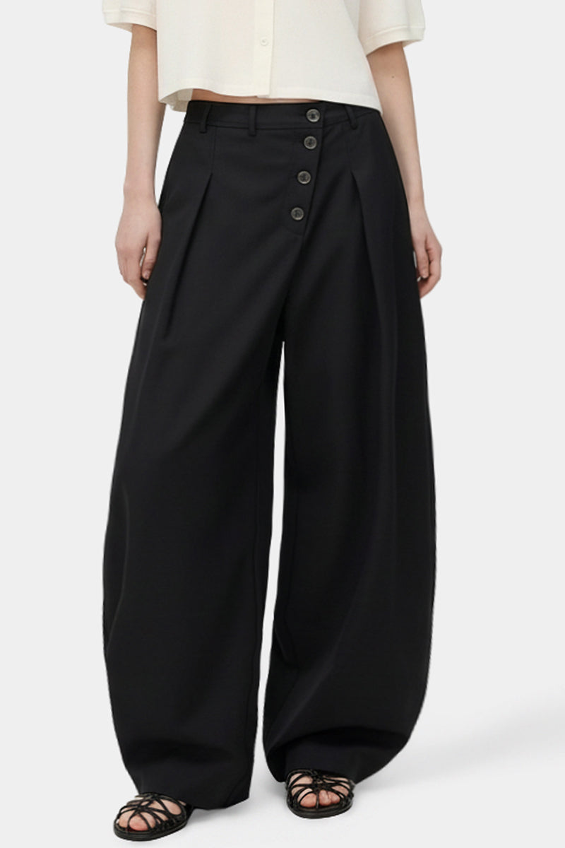 Wide-Leg Trousers – Diagonal Buttons & Deep Pleats