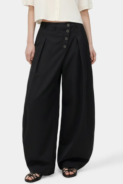 Wide-Leg Trousers – Diagonal Buttons & Deep Pleats