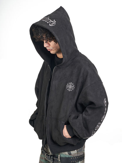 Suede Embroidered Hooded Zip Sweatshirt – Loose Vintage Unisex Jacket