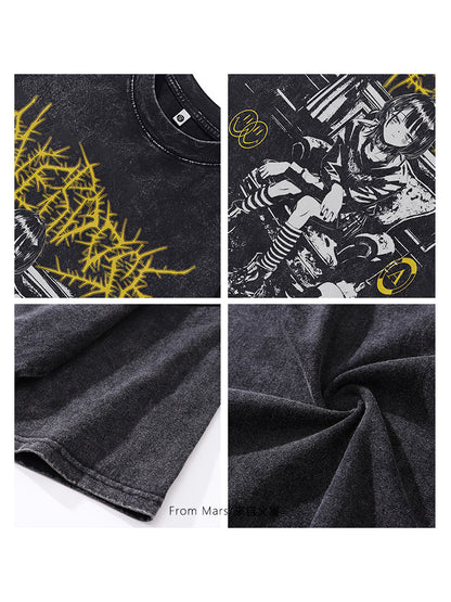 Washed Anime Print Loose T-Shirt – Vintage Unisex Streetwear
