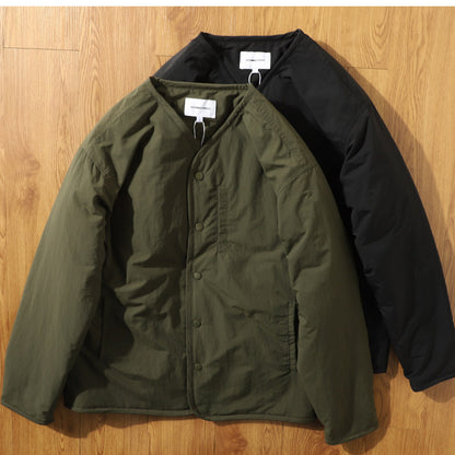 Collarless V-Neck Snap Padded Jacket – Japanese Retro Dark Grid Waterproof Unisex
